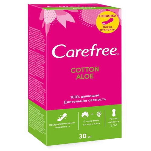 Ежедневные прокладки Carefree Сotton Feel Aloe, женские гигиенические 100% дышащие, мягкие, с ароматом алоэ, 30 штук, 1 упаковка