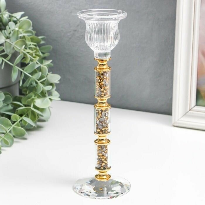 Подсвечник стекло на 1 свечу "Ребристый на ножке со стразами" с золотом d-2,5 см 7х7х21 см