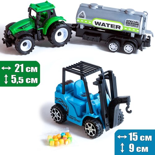 Набор машинок 2 шт: Трактор-тягач с прицепом водовоз (зеленый) и Погрузчик крановый с конфетами (синий)