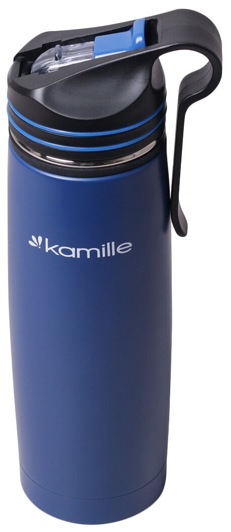 Термос-Бутылка спортивная 500 мл. Kamille KM-2058 из нержавеющей стали с трубочкой и клипсой (2058 / синий)