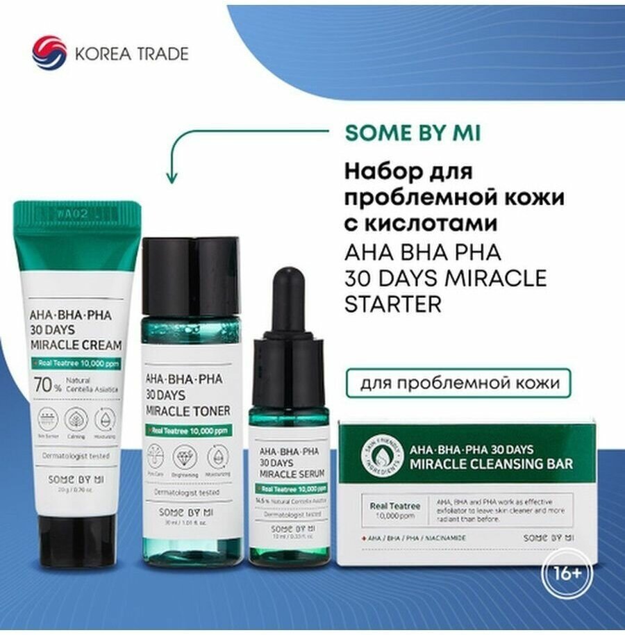 Набор миниатюр с кислотами Some By Mi AHA?BHA?PHA 30 Days Miracle Starter, тонер 30мл, сыворотка 10мл, крем 20г, мыло 30г - фото №12