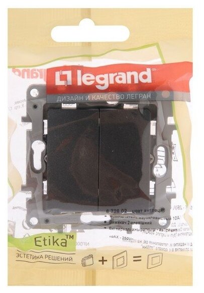 Etika 672602 Выключатель двухклавишный (10 А, под рамку, скрытая установка, антрацит) Legrand - фото №17