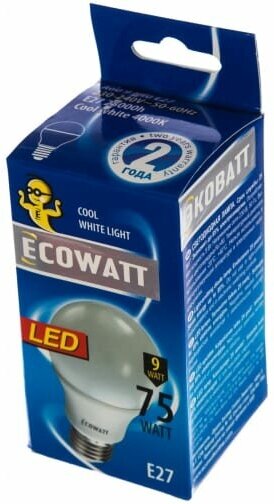 Лампа светодиодная Ecowatt 230V 4000K Cold White, E27, A60, 9 Вт, 4000 К