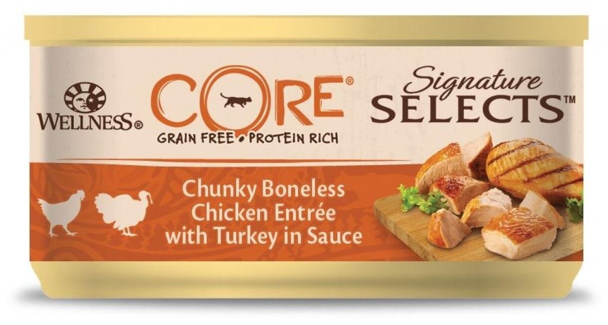 фото Влажный корм для кошек Wellness CORE Signature Selects, беззерновой, с курицей, с индейкой (фарш)