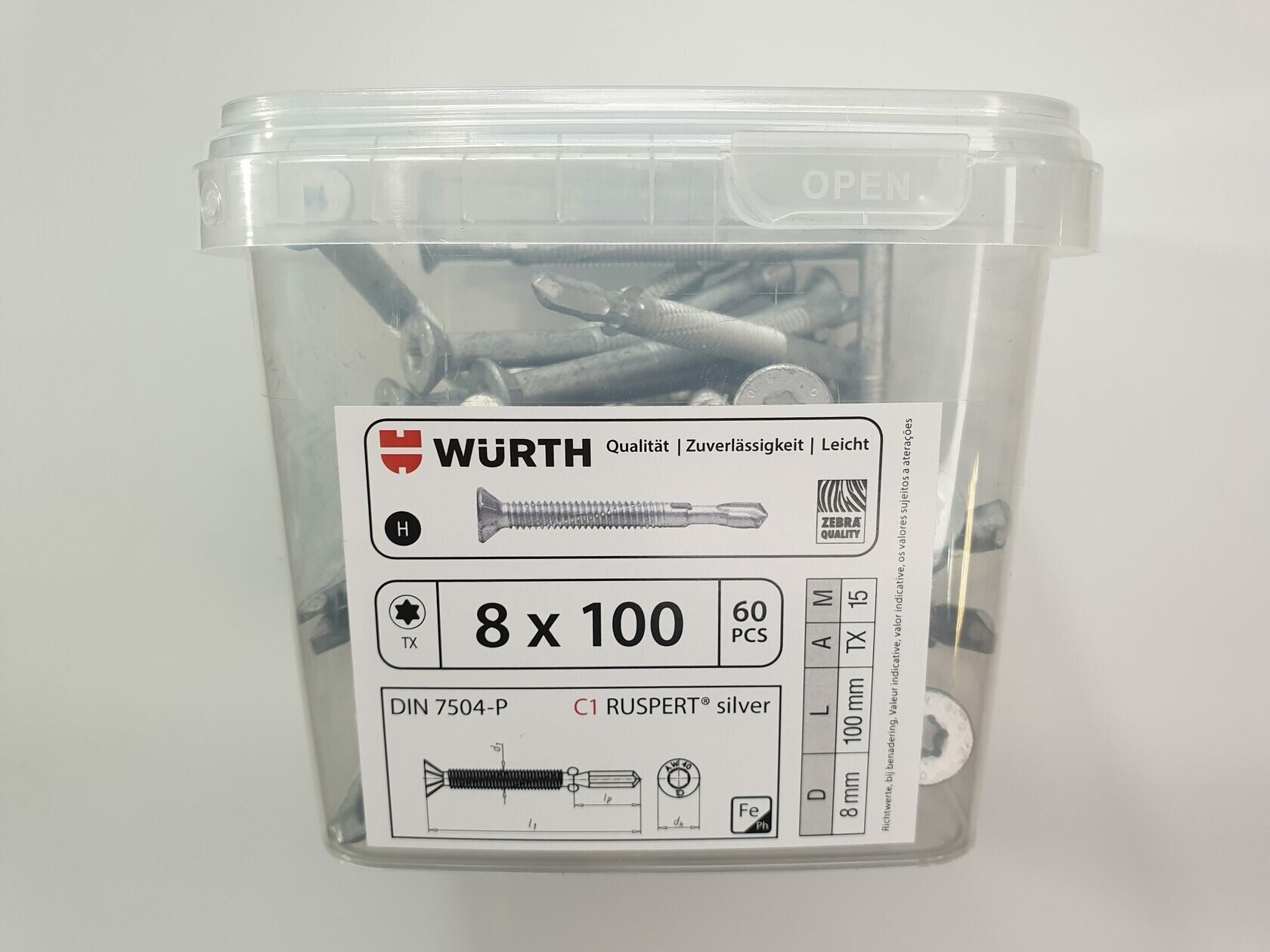 фото Саморез DIN 7504-P 8x100 (60 pcs) WURTH, Германия Самосверлящий винт с экономией до 50% времени при креплении дерева к металлическим основам