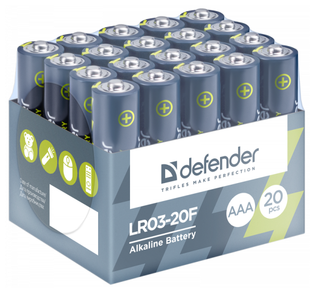Батарейки алкалиновые ( щелочные ) Defender LR03-20F AAA ( мизинчиковые ) , 20 штук в упаковке
