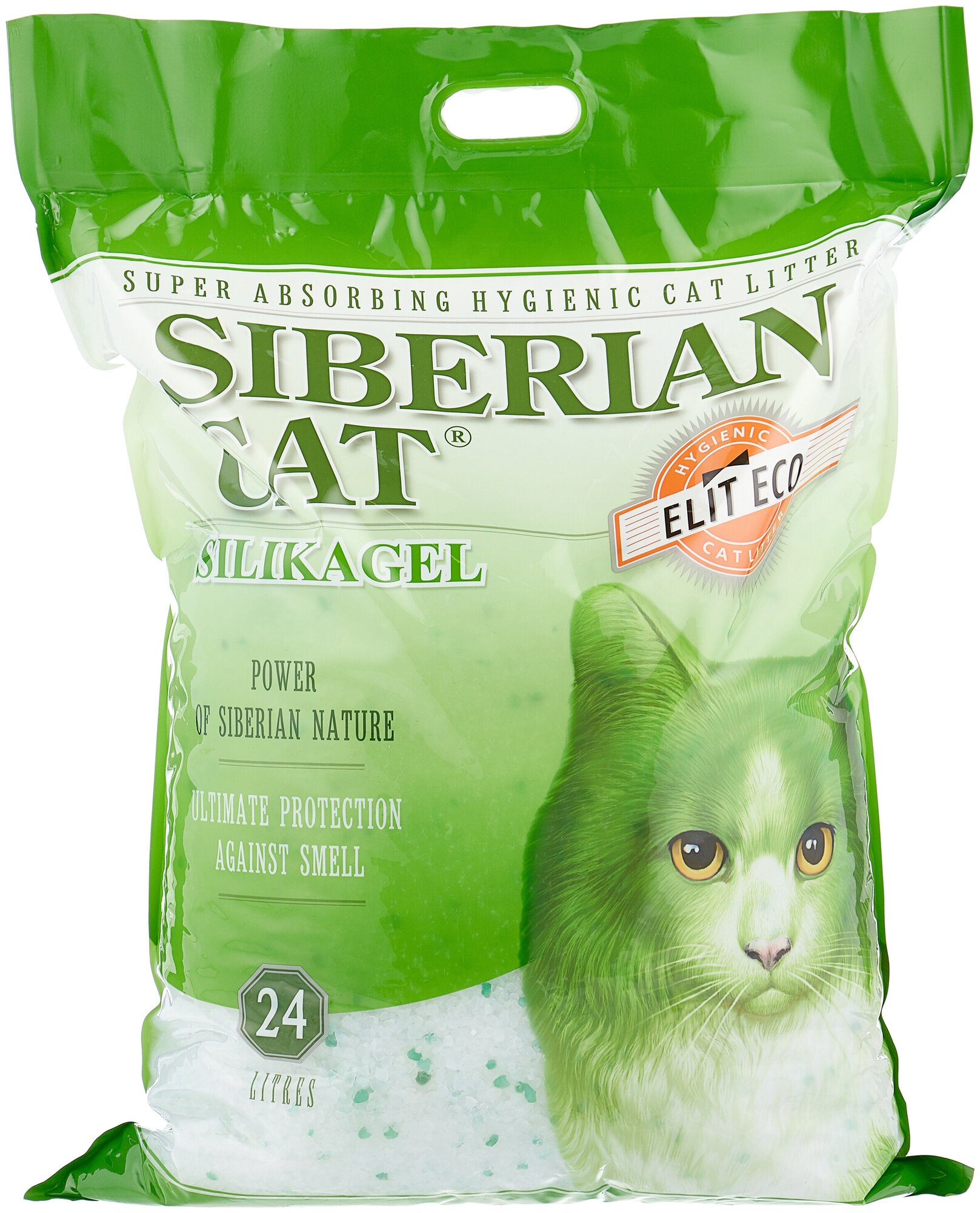 Наполнитель Сибирская Кошка Элитный ЭКО зеленый впитывающий силикагель без запаха 24л