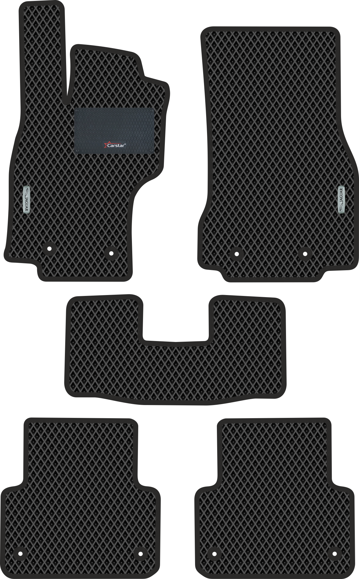 Автомобильные коврики EVA для Jaguar XF I 4wd (2007-2015) с каучуковым подпятником и 2 эмблемами Jaguar чёрные с чёрным кантом ячейка - ромб