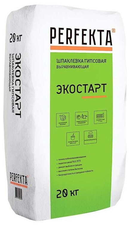 Perfekta Шпатлевка гипсовая выравнивающая экостарт белая, 1-8мм, 20кг (70) PERFEKTA (95405)