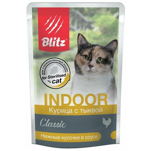 Blitz Cat Classic Indoor консервы для домашних и для стерилизованных кошек, курица с тыквой, соус, в/у 85г