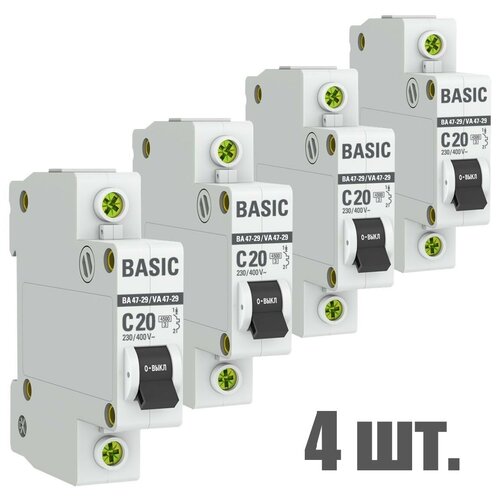 Автоматический выключатель EKF 1P 20А (C) 4, 5kA ВА 47-29 EKF Basic 4 штуки