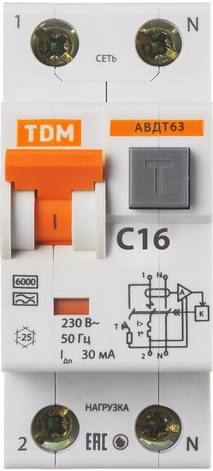 АВДТ 63 2Р(1Р+N) C16 30мА 6кА тип А TDM