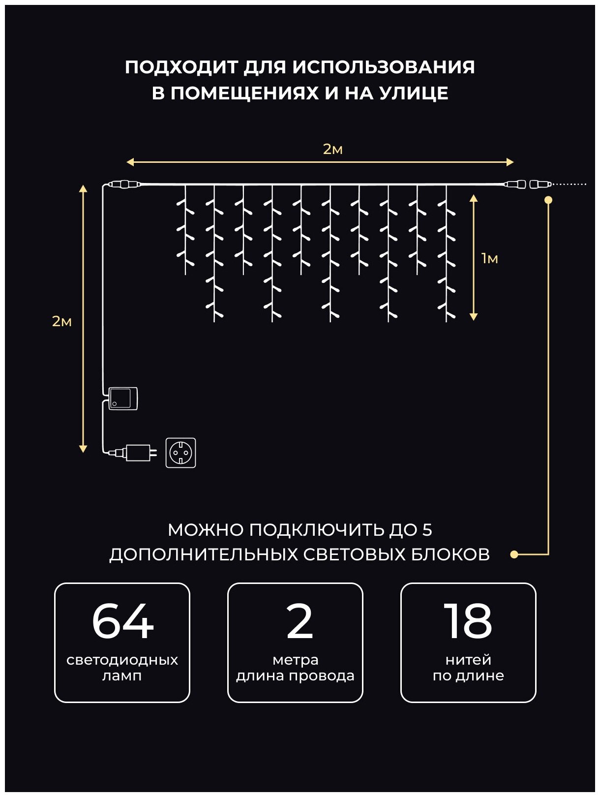 55013 VEGAS 24V Электрогирлянда-конструктор "Бахрома" 64 холодных LED ламп, 12 нитей, прозрачный провод, 2*1 м /32/4 - фото №5