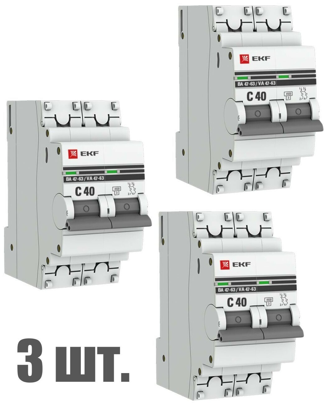 Автоматический выключатель EKF 2P 40А (C) 4,5kA ВА 47-63 EKF PROxima 3 штуки