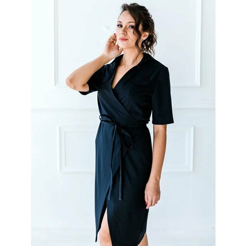 Платье с запахом креп, в классическом стиле, прилегающее, миди, размер 42, черный