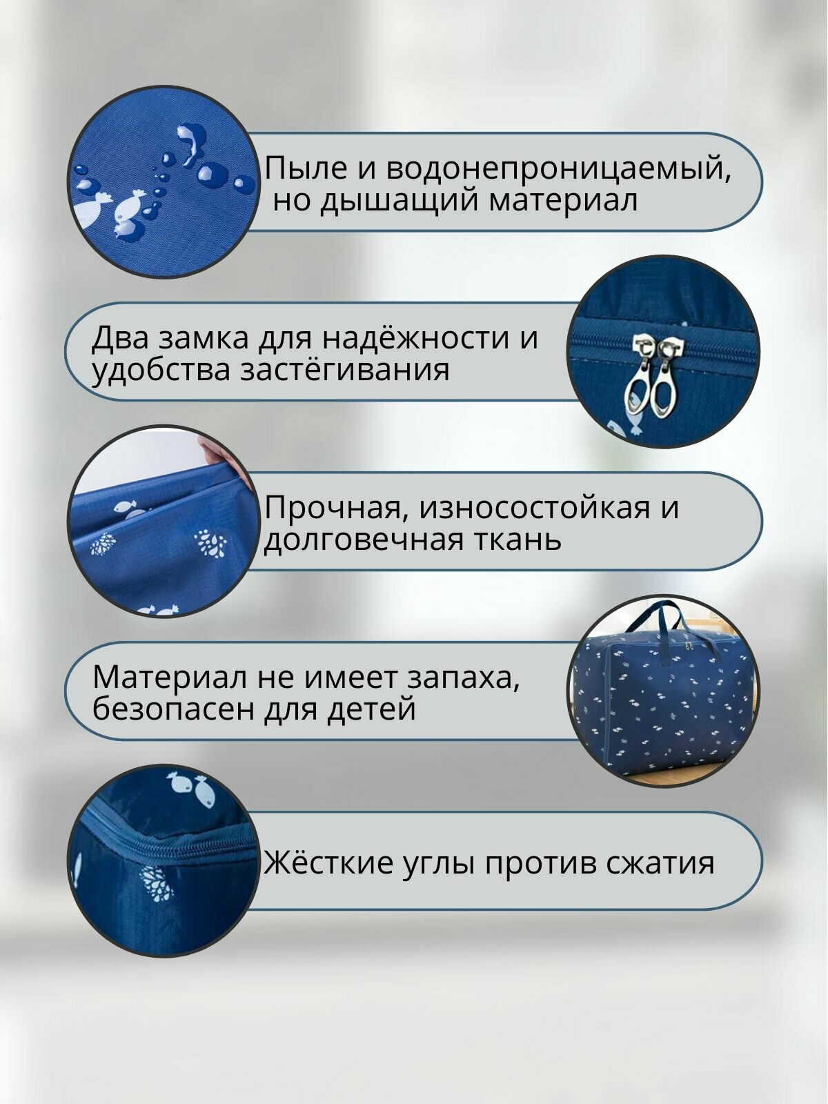 Органайзер сумка для одежды, кофр для хранения, влагозащищенный 75 л, Синий - фотография № 5