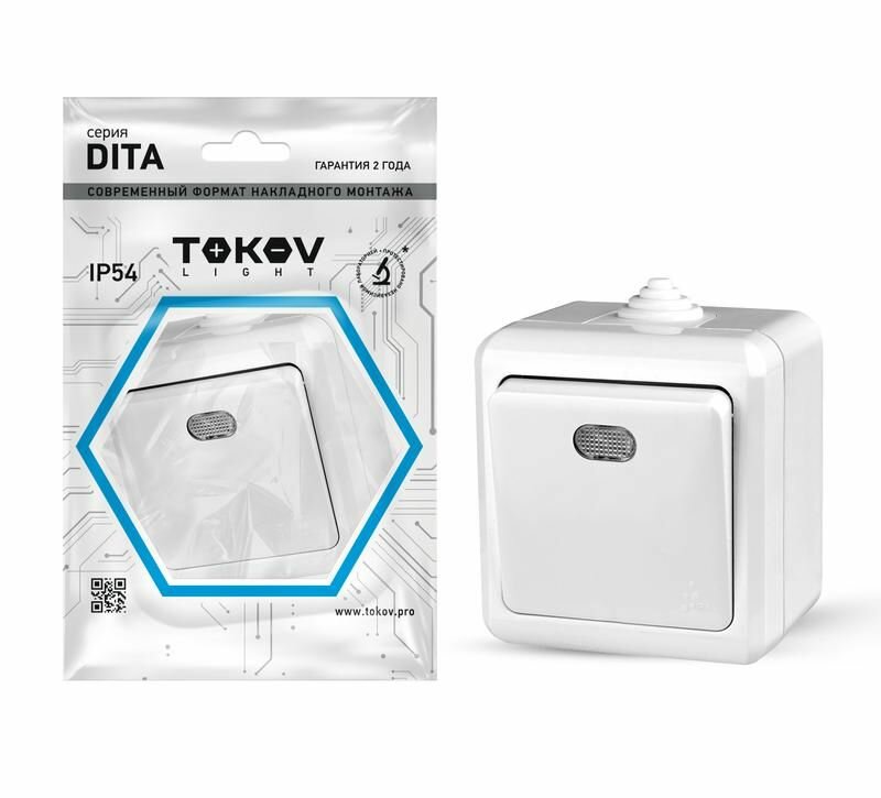 Выключатель TOKOV ELECTRIC 1-кл. ОП Dita IP54 10А 250В с индикацией бел - фото №1