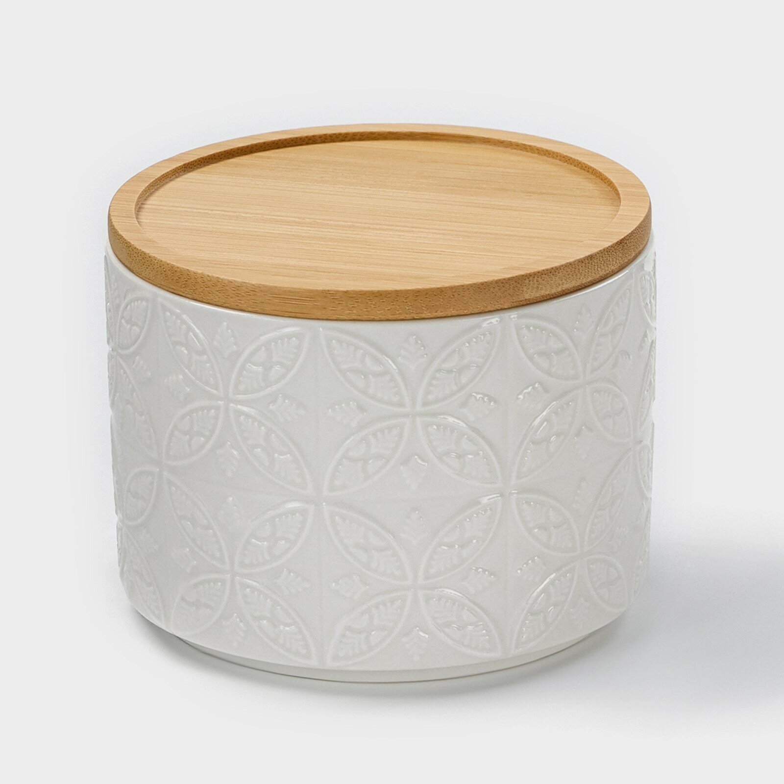 Банка для хранения сыпучих продуктов BellaTenero «Листья» 330 мл d=10 см с бамбуковой крышкой фарфоровая цвет белый