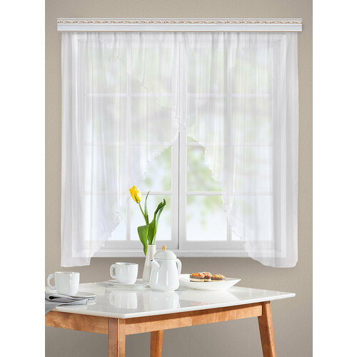 Тюль для кухни короткая на шторной ленте. Занавеска цветная арка 160х270. Гардина вуаль комбинированная