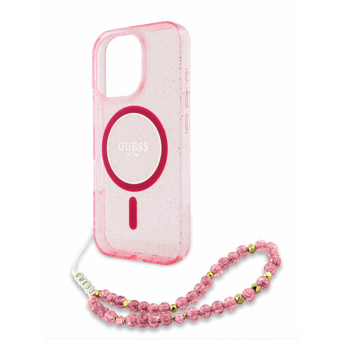 Guess для iPhone 16 Pro чехол PC/TPU Glitter Hard + Pearl Hand Strap Pink (MagSafe) розовый