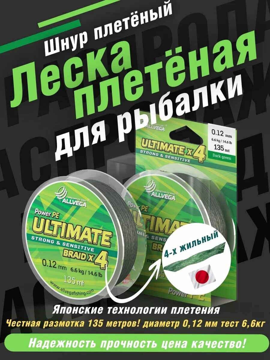 Шнур плетёный ALLVEGA "Ultimate" 135м тёмно-зелёный 0,12мм (6,6кг)
