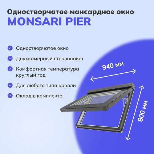 фото Мансардное окно-люк monsari pier из пвх профиля, с окладом для монтажа, открывающееся 940x800 мм летний сад