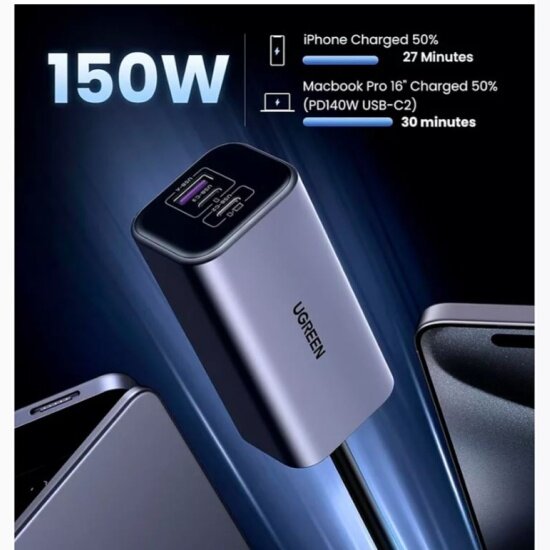 Автомобильное зарядное устройство Ugreen EC706 (35027) 150W, 4-Port, GaN, USB-A+2*USB-C, Fast Car Charger, серый — фото 1