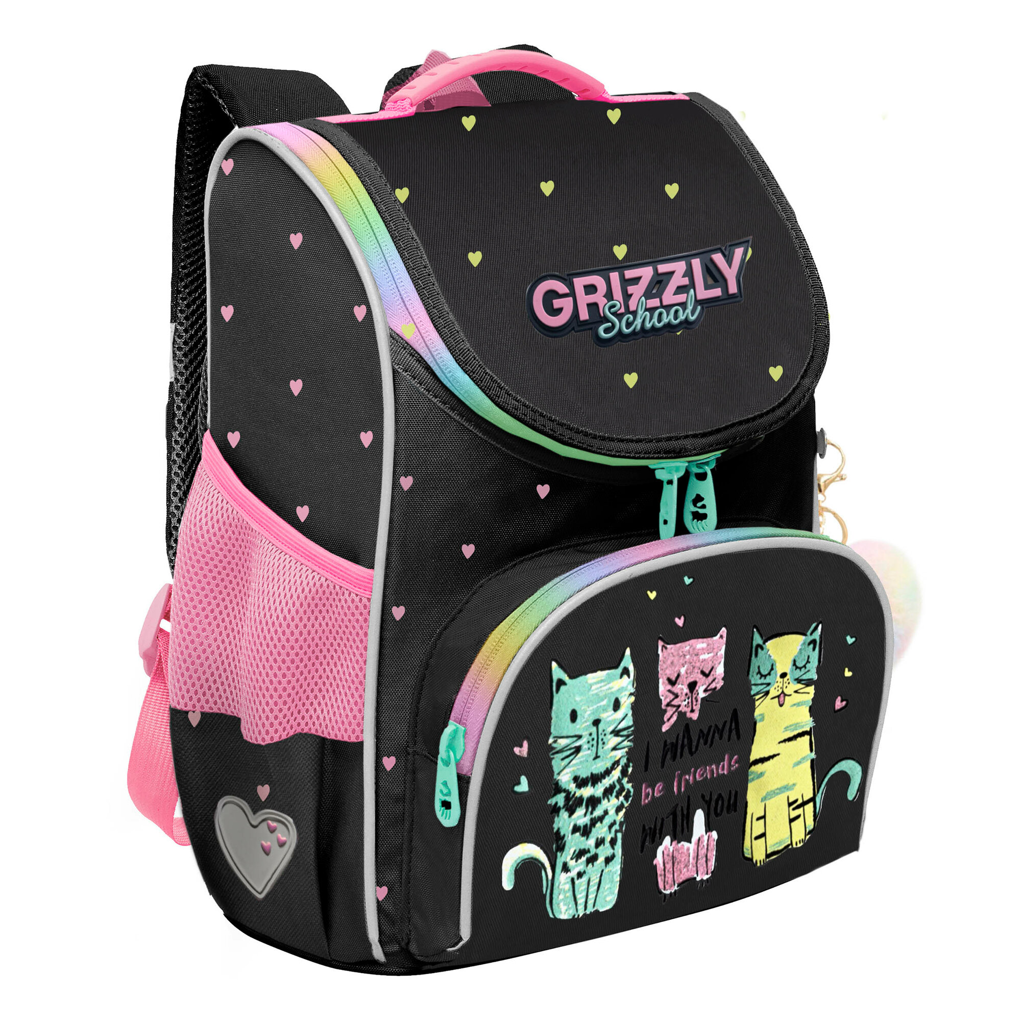 Ранец школьный GRIZZLY суперлегкий с анатомической спинкой, на ножках, с мешком для обуви, для девочки, RAm-584-2/2