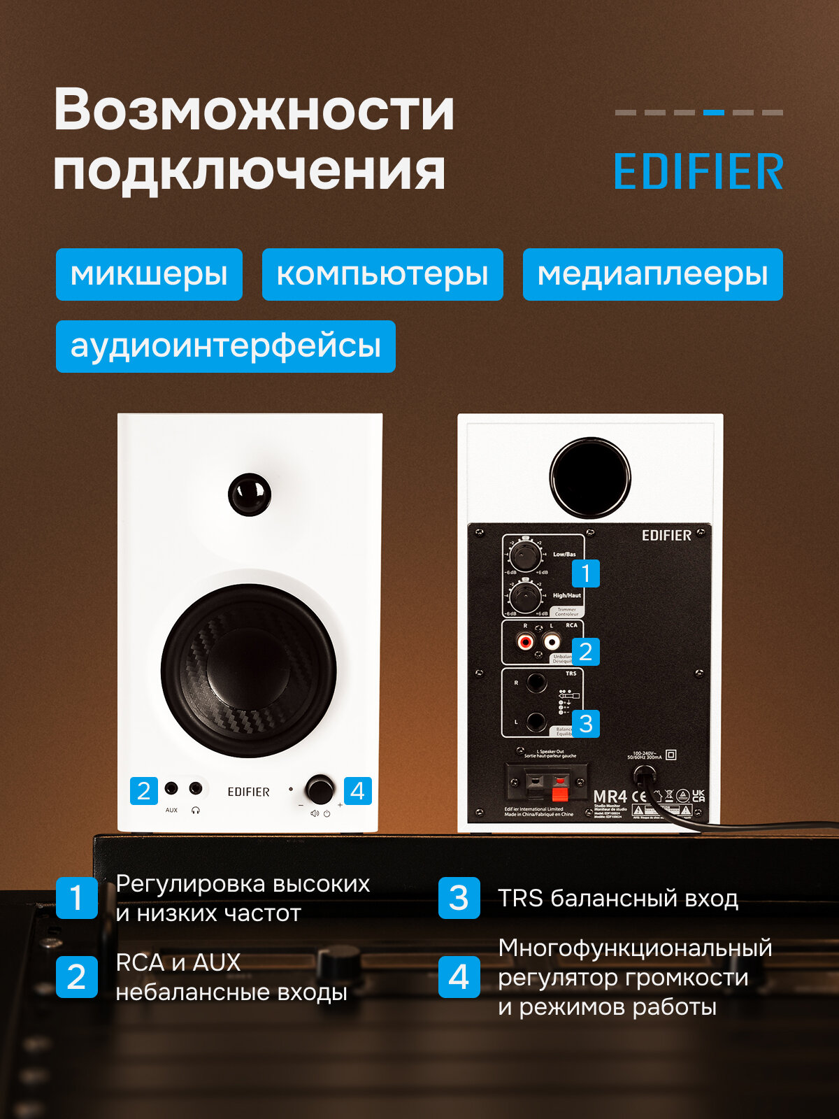 Студийные мониторы 2.0 EDIFIER MR4, AUX, 2 полосы, 42 Вт, белые — фото 1