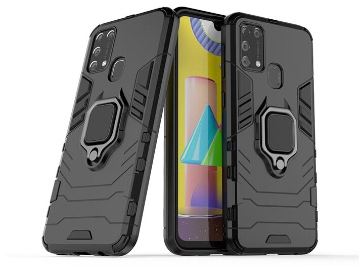 Противоударный чехол с кольцом Panther Case для Samsung Galaxy M31 черный - фотография № 3