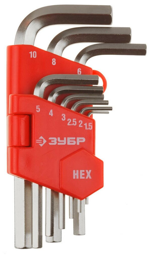 Зубр "мастер" 27460-1 z02 Ключи имбусовые короткие, Cr-V, сатинированное покрытие, пластик. держатель, HEX 1,5-10мм, 9 пред