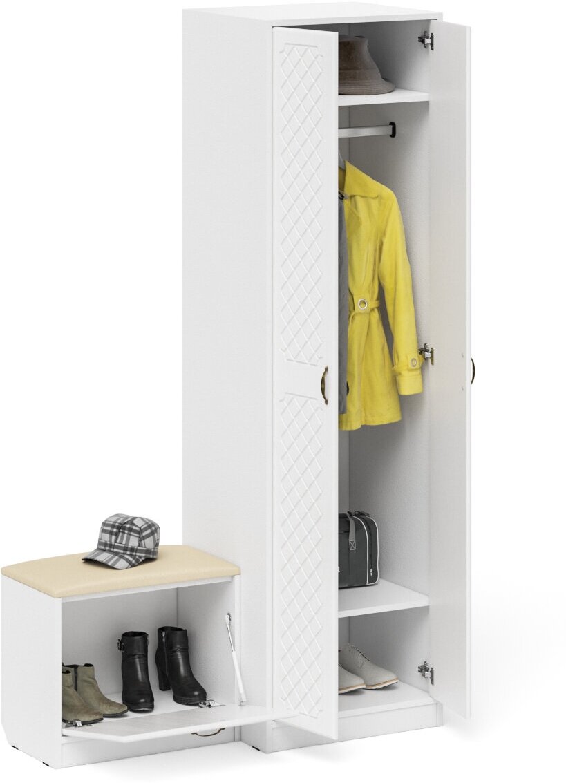 Шкаф для прихожей с обувницей с сиденьем П-6, цвет белая шагрень/фасады МДФ белое дерево фрезеровка ромб, ШхГхВ 120х50х210 см.