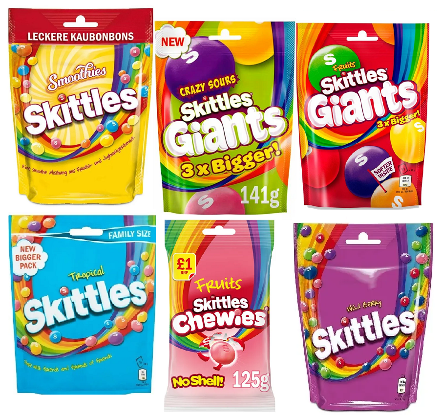 Набор жевательных конфет "Skittles" Gigants Fruits, Crazy sours, Smoothie, Chewies, Tropical Punch, Wild Berry