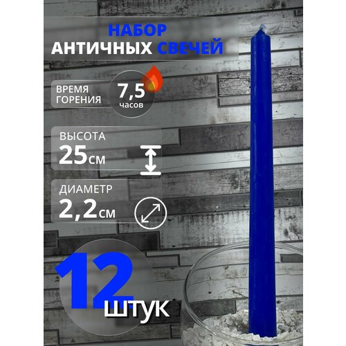 Свечи античные в наборе 12 штук, Синий
