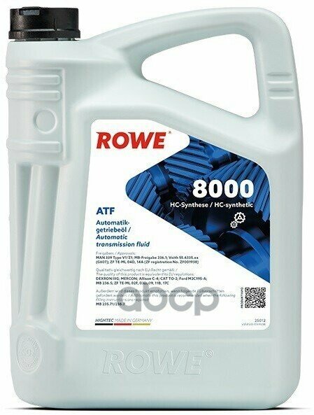 Трансмиссионное Масло Rowe Hightec Atf 8000 5Л. Dexron Iii G, Mercon, Allison C-4, Cat To-2, Ford M2c195-A, Mb 236.5, Zf Te-Ml 02F.