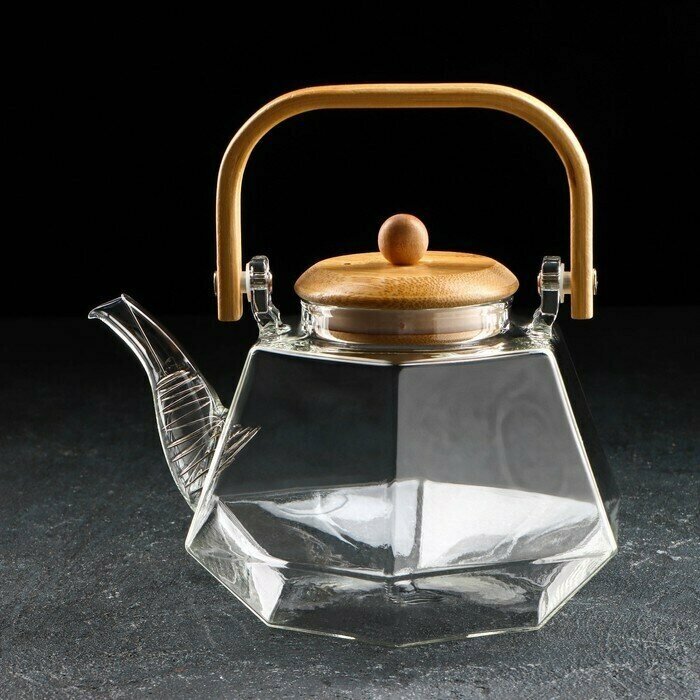 Чайник стеклянный заварочный с бамбуковой крышкой и металлическим фильтром "Октогон", 1,2 л