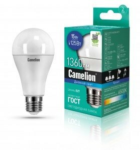 Светодиодная LED лампа Camelion ЛОН A60 E27 15W(1360lm 270°) 6500K 6K матовая 120x60 пластик LED15-A60/865/E27 (упаковка 14 штук)