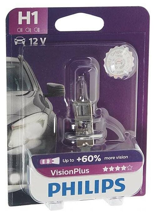 Автолампа PHILIPS H1, 55 P14.5s+60% VISION PLUS 12V 1,10 12258VPB1