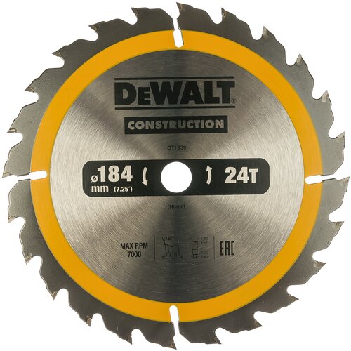 Пильный диск CONSTRUCT (184х16 мм: 24 ATB) Dewalt DT1939 15568528 пильный диск construct 190х30 мм 18 atb dewalt dt1943