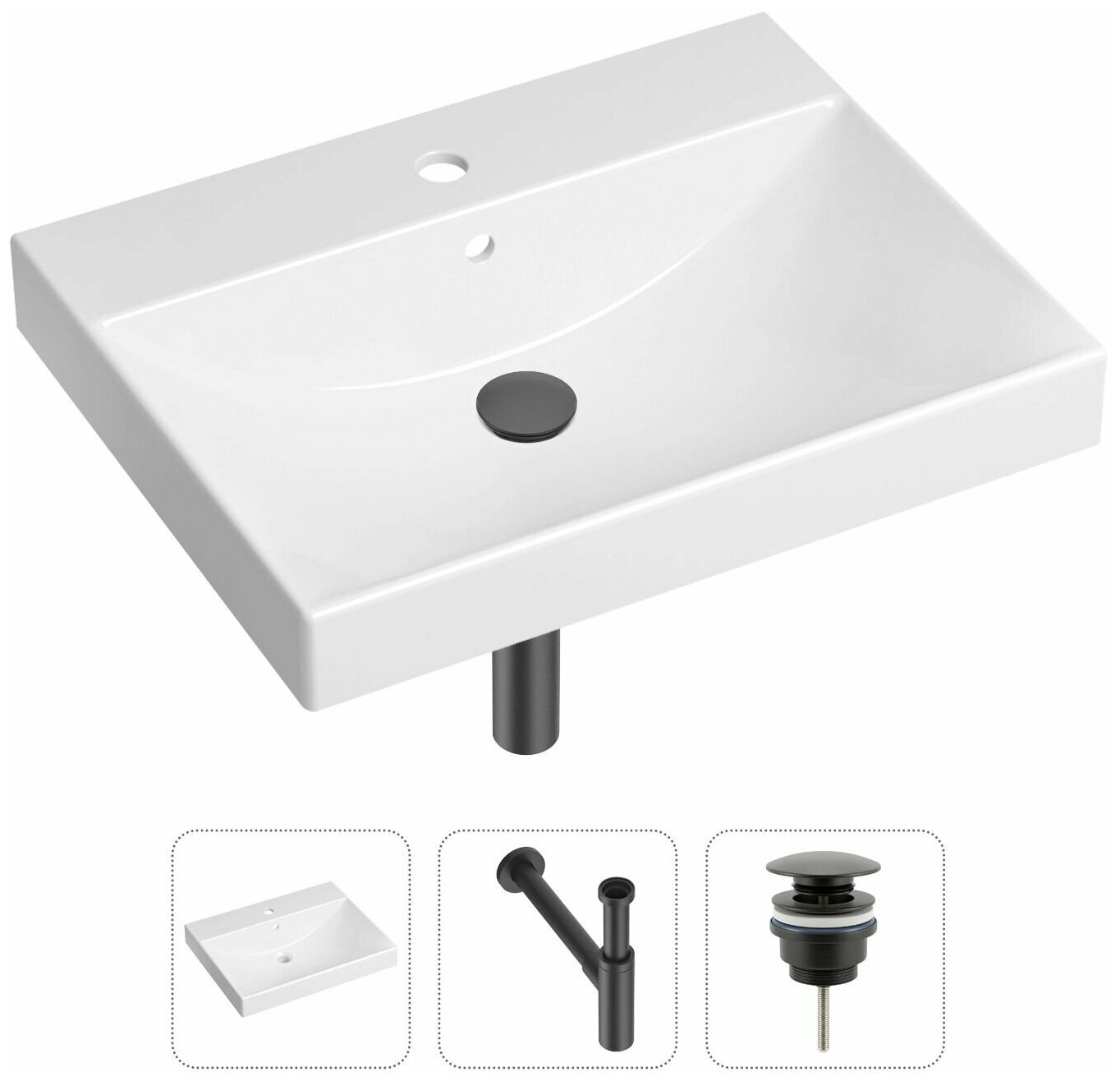 Врезная раковина в ванную Lavinia Boho Bathroom Sink 21520579 в комплекте 3 в 1: умывальник белый, донный клапан и сифон в цвете матовый черный