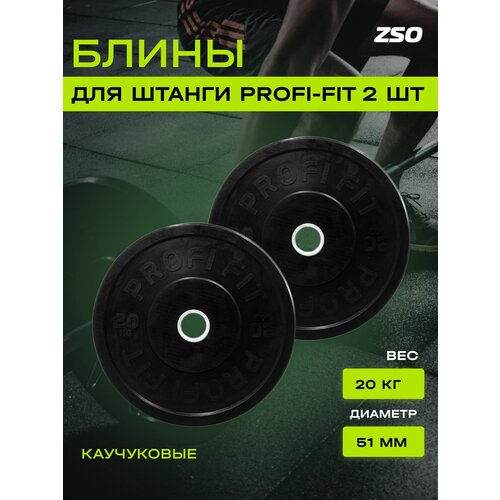 Диски для штанги каучуковые PROFI-FIT, черные, диаметр 51 мм, (20 кг), 2 шт.