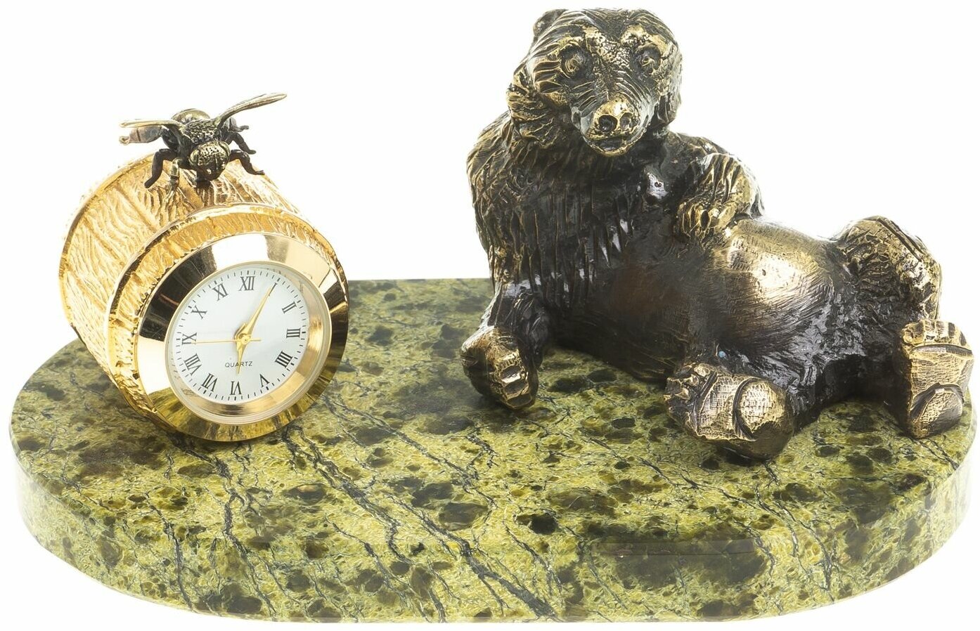 Часы из бронзы "Медведь с пчелой" змеевик 123234