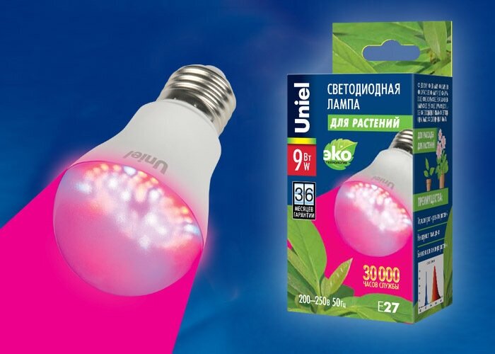 Светодиодная фито-лампа для растений Uniel LED-A60-9W/SP/E27/CL