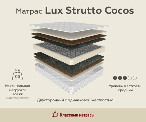 Матрас LUX COCOS STRUTTO высота 24 см для сна на диван кровать пружины 256 кокос ортофайбер стеганный жаккард (80 / 195)
