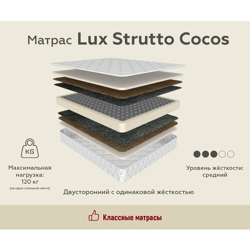 Матрас LUX COCOS STRUTTO высота 24 см для сна на диван кровать пружины 256 кокос ортофайбер стеганный жаккард (90 / 200)