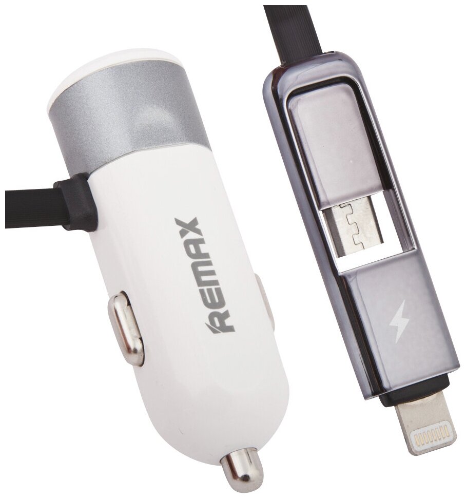 Автомобильное зарядное устройство 1USB 2.1A 2в1 с кабелем Apple 8 pin, micro USB Remax RCC102 Silver