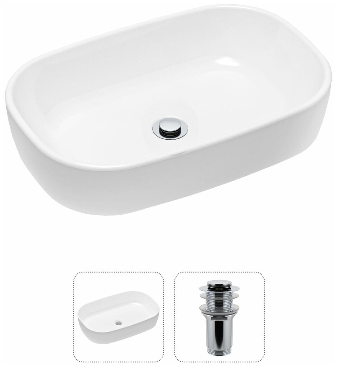 Накладная раковина в ванную Lavinia Boho Bathroom Sink Slim 21520798 в комплекте 2 в 1: умывальник белый, донный клапан в цвете хром