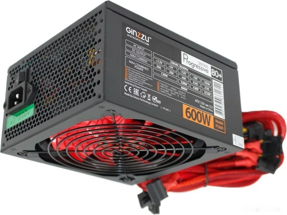 Ginzzu PC600 14CM(Red) 80+ black,APFC,24+4p,2 PCI-E(6+2), 5*SATA, 4*IDE,оплетка, кабель питания,цветная коробка - фото №6