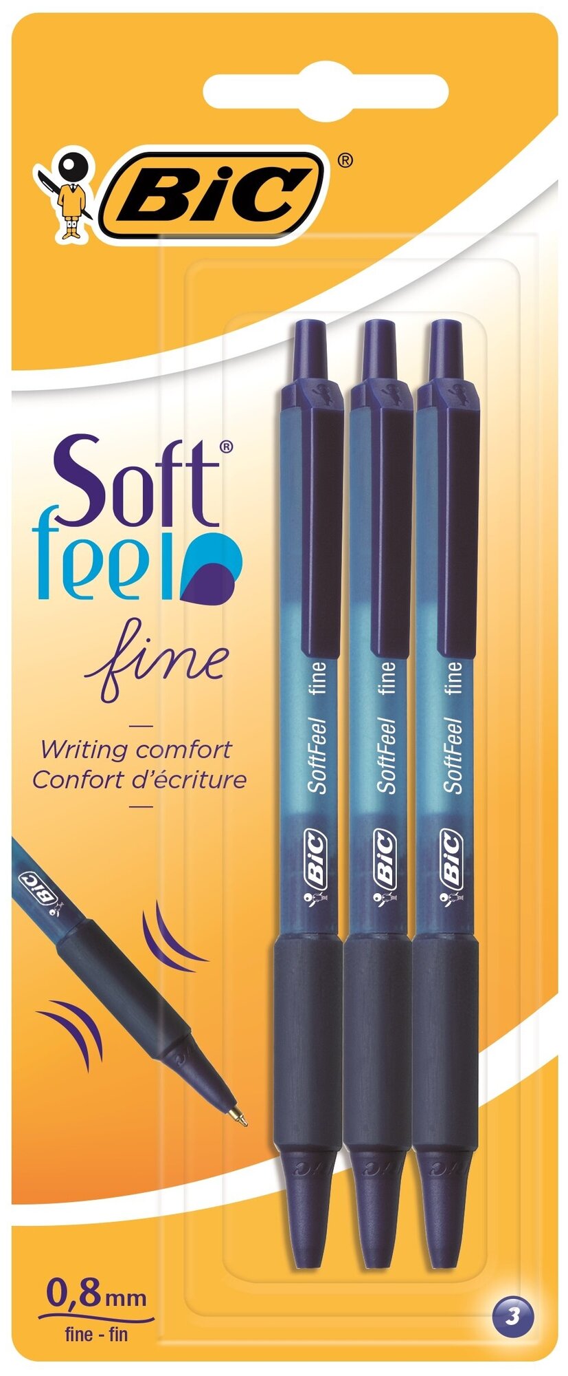 Ручки шариковые автоматические с грипом BIC Soft Feel Fine, набор 3 шт., линия 0.8мм, блистер,893221