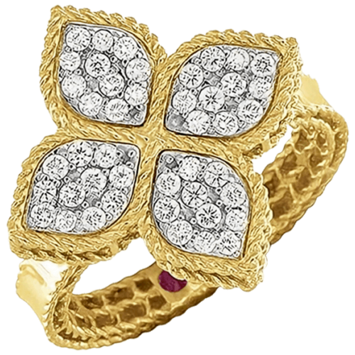 Кольцо Roberto Coin, желтое, белое золото, 750 проба, рубин, бриллиант, безразмерное